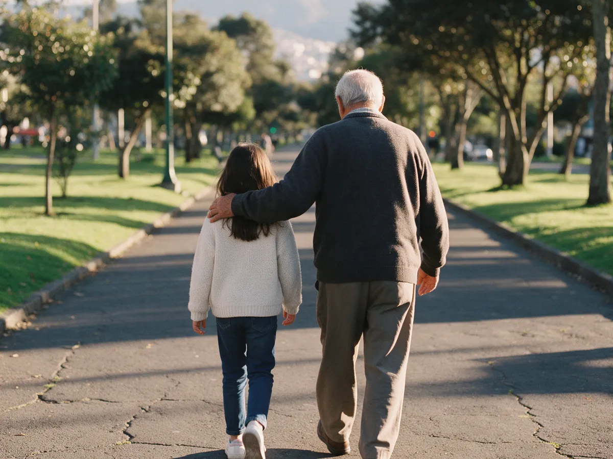 Un abuelo y su nieta caminan por un parque al atardecer.